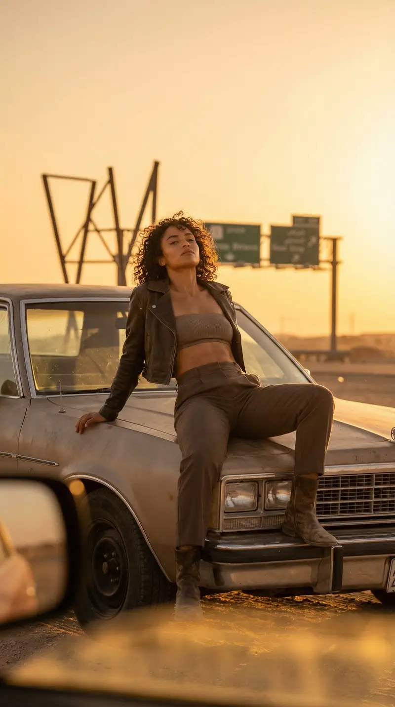 Preview of Cinematic Desert Rest Stop Portrait at Golden Hour