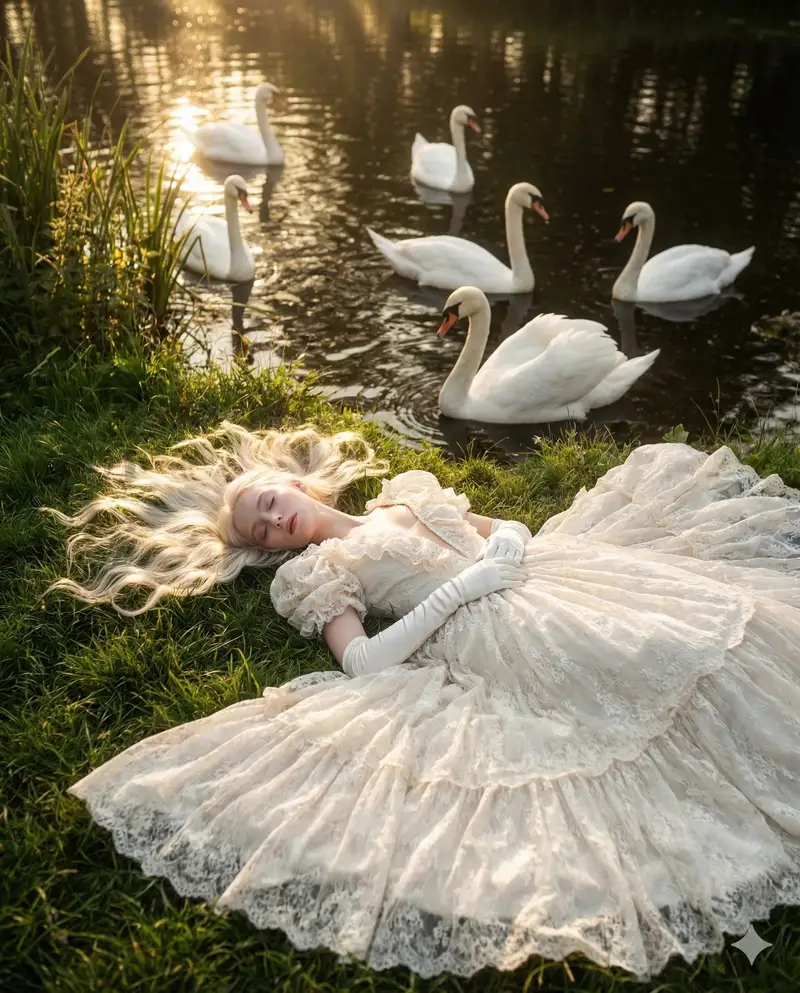 Preview of Ethereal Fantasy Portrait with Swans and Golden Hour Light