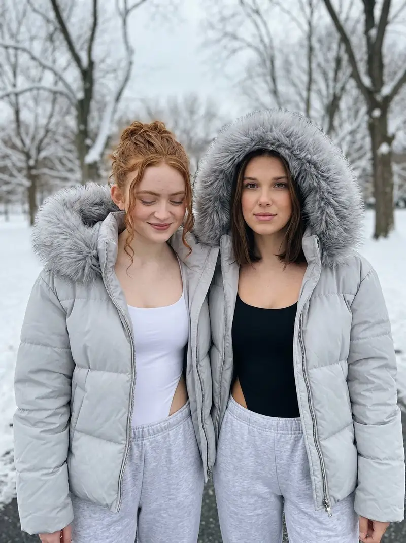 Preview of Intimate Winter Street Fashion Portrait Prompt (Sadie Sink & Millie Bobby Brown)