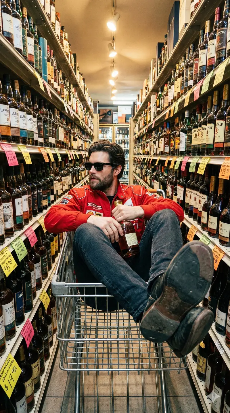 Preview of Unfiltered Smartphone Photo of Man in Shopping Cart in Liquor Store