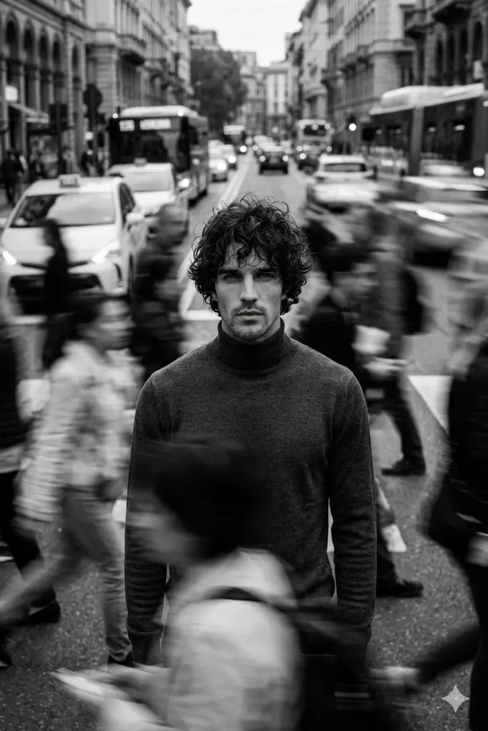Preview of Cinematic Black and White Portrait in a Crowd