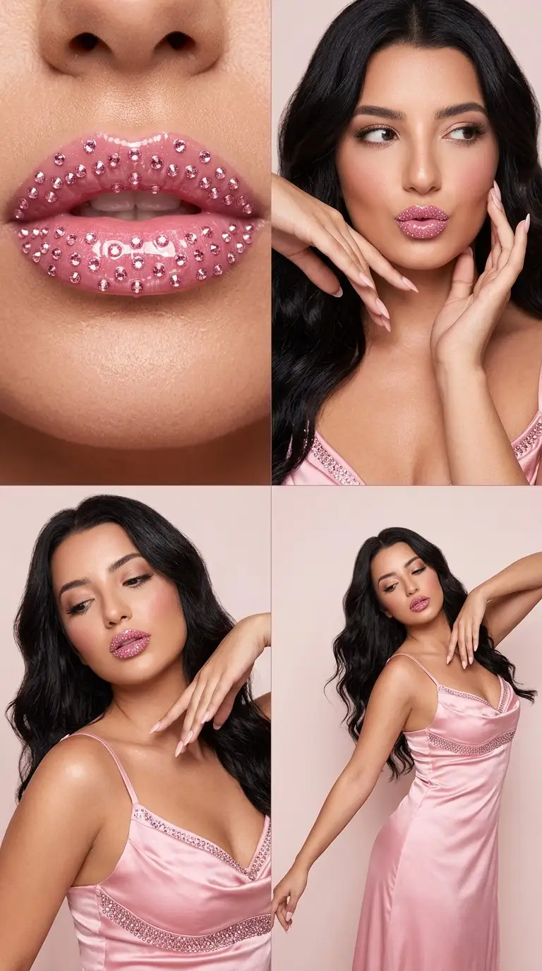 Preview of 2x2 Editorial Grid: Pink Rhinestone Lips and Dance Fashion