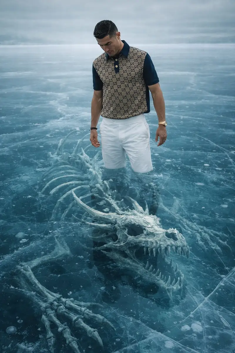 Preview of 8K Ultra-Realistic Promotional Image of a Man on Ice with a Submerged Skeleton