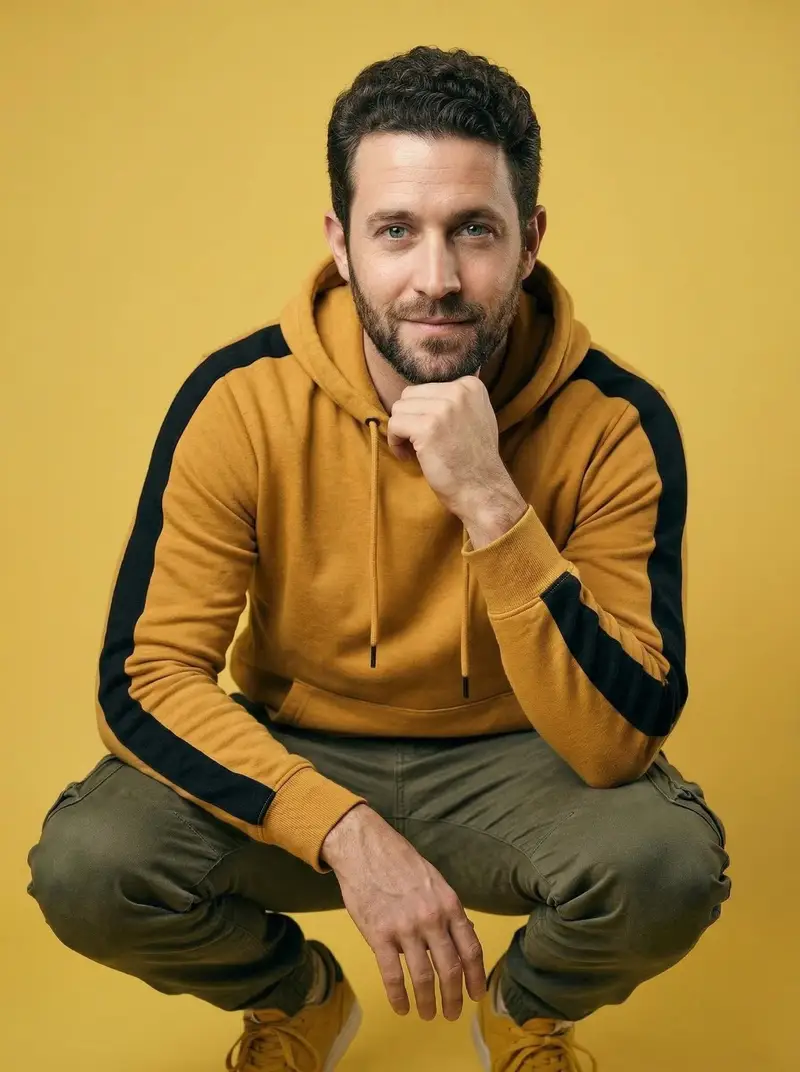 Preview of Ultra-Realistic Studio Portrait of Man in Mustard Hoodie