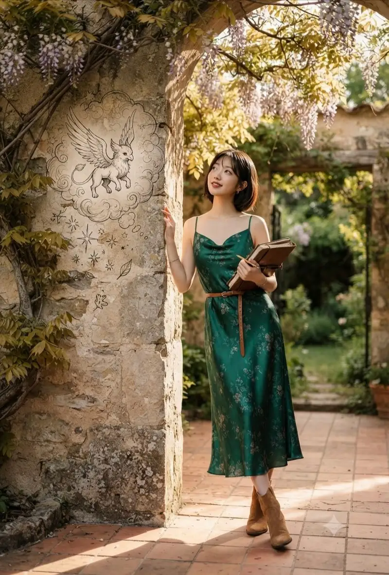Preview of Emerald Dress Wisteria Courtyard Portrait