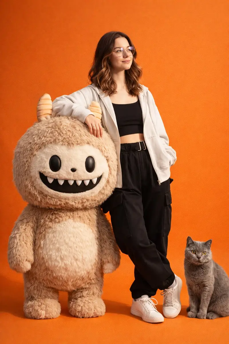 Preview of Gen-Z Fashion Portrait with Labubu and Cat Prompt