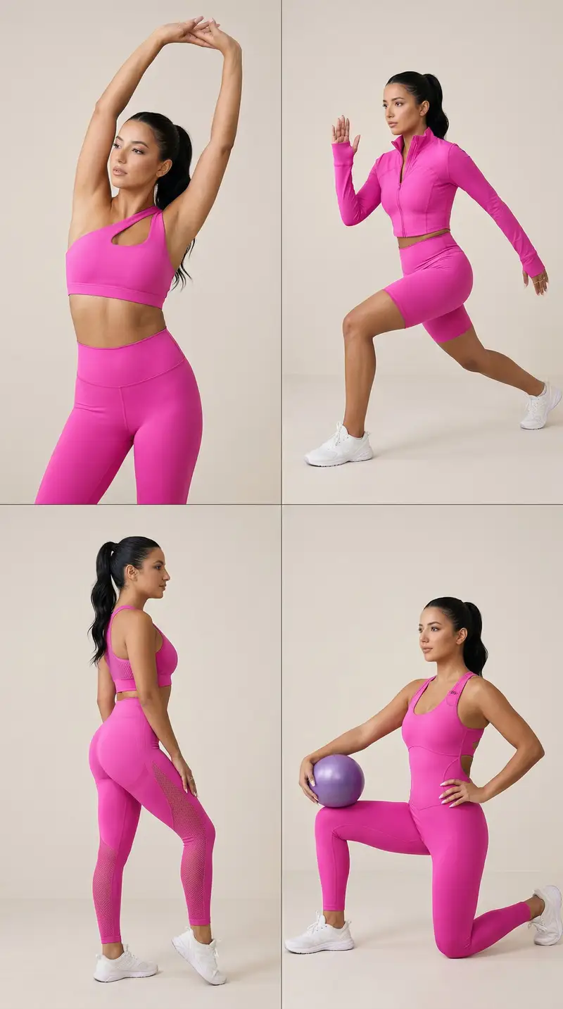 Preview of Nano Banana Pro Fitness Editorial Grid Prompt (Pink Activewear)
