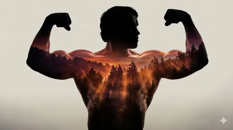 Preview of Arnold Schwarzenegger Silhouette with Volumetric Mountain Forest