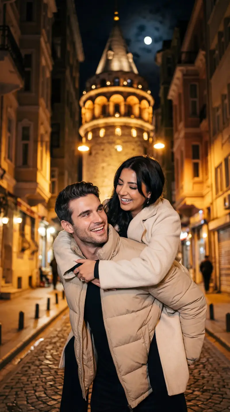 Preview of Romantic Nighttime Piggyback in front of Galata Tower