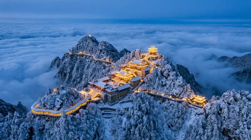 Preview of Spectacular Aerial View of Laojun Mountain Temple in Winter