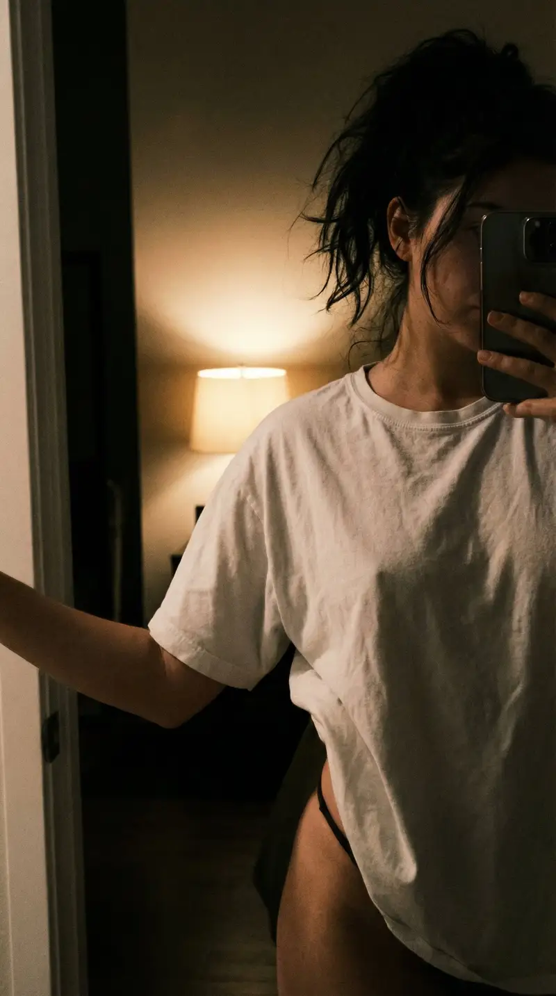 Preview of Candid Mirror Selfie in Oversized T-Shirt and Underwear