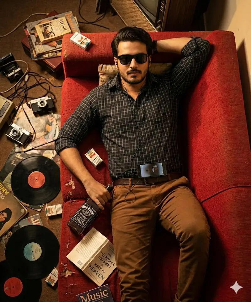 Preview of Cinematic Overhead Portrait of a Man on a Red Couch