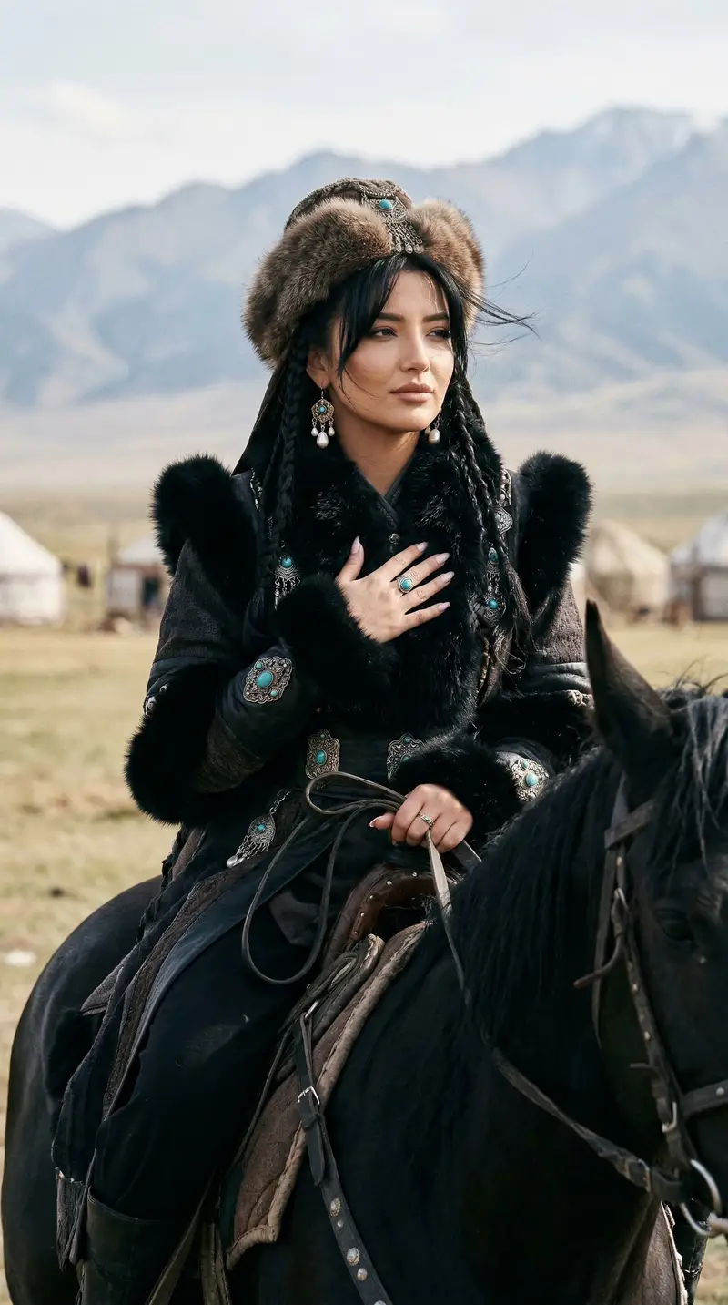 Preview of Cinematic Portrait of Old Turkic Noblewoman on Black Horse (Image-to-Image)