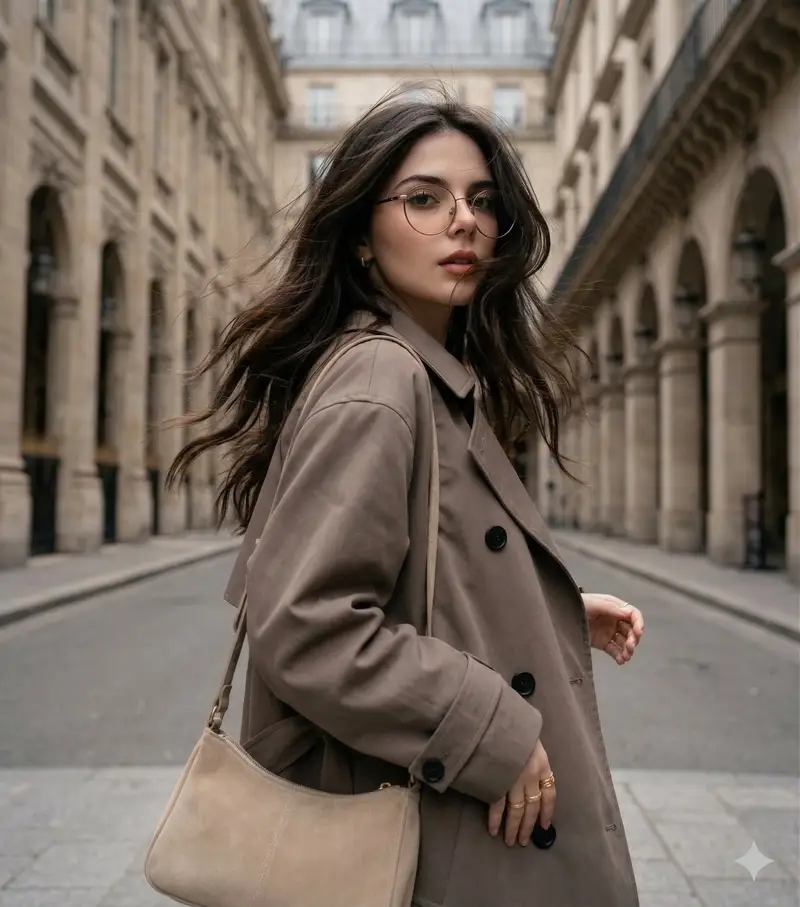 Preview of Windswept woman in a trench coat in a European street