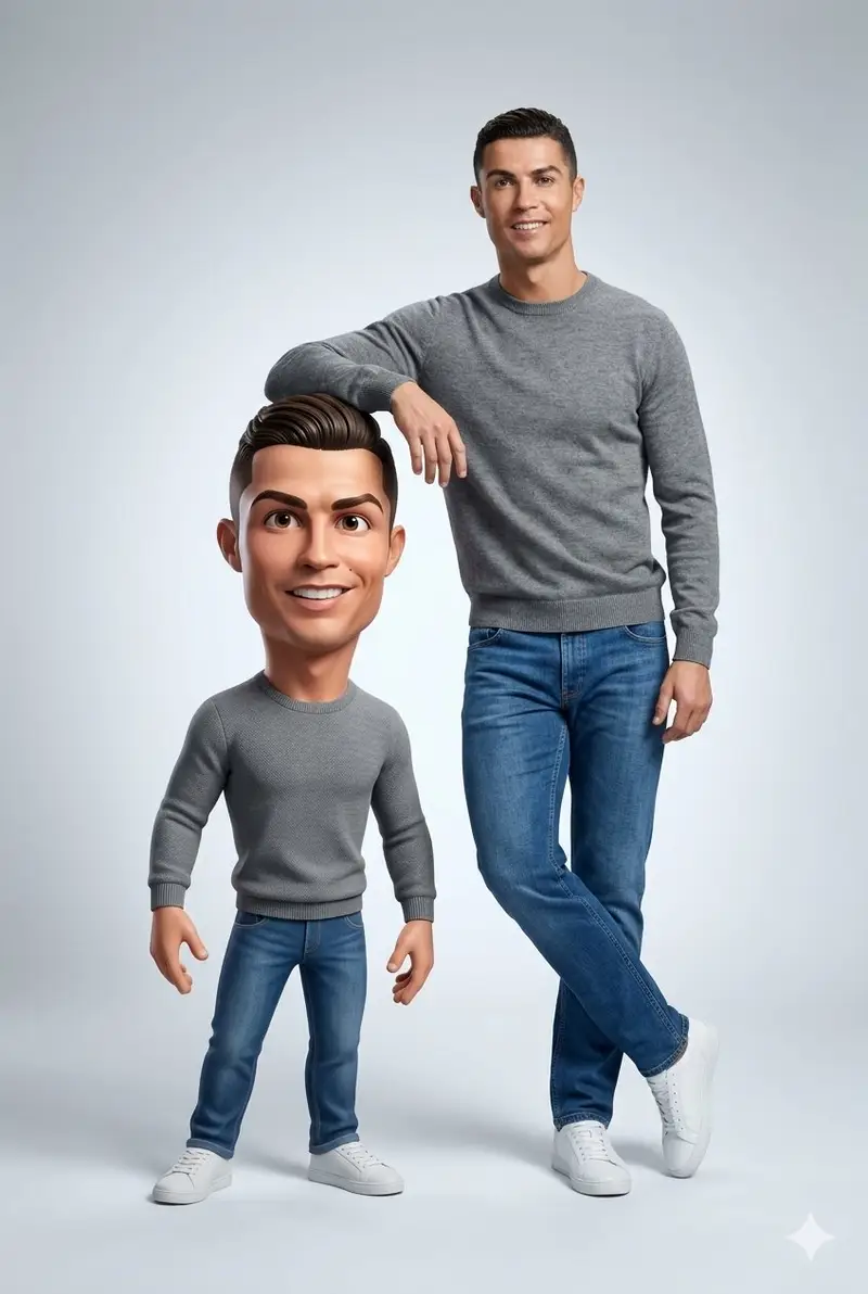 Preview of Ultra-Clean Realistic Human and Stylized 3D Caricature Composition Prompt