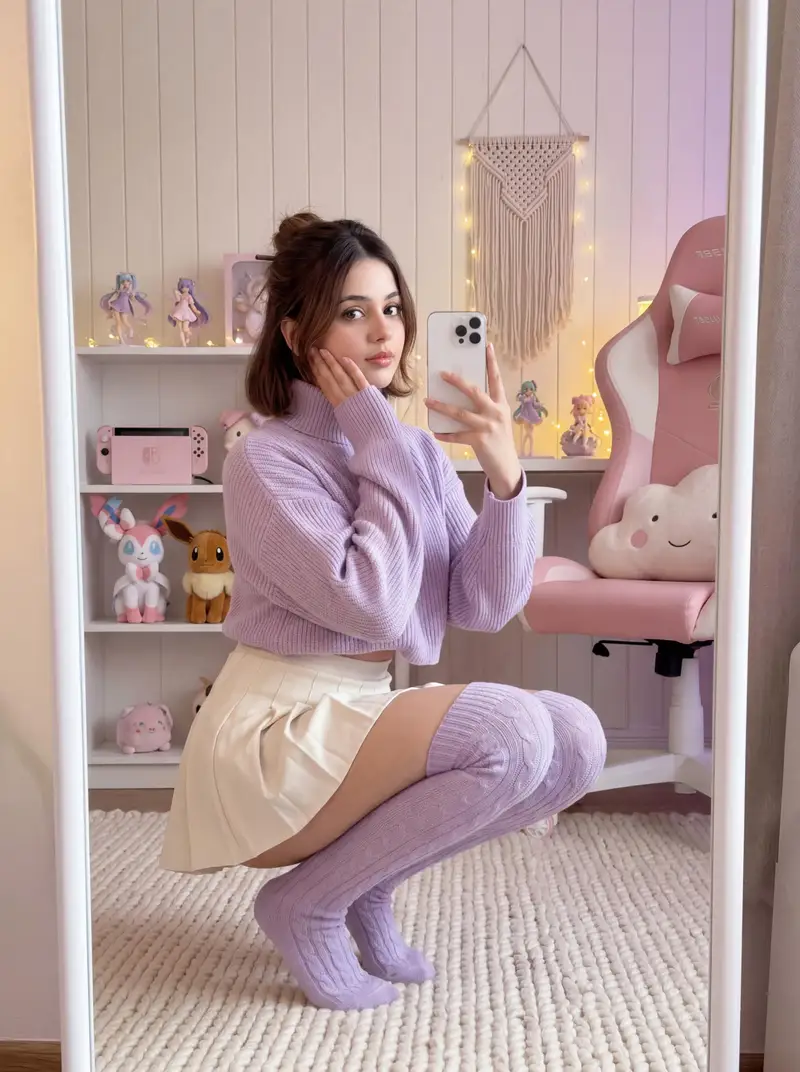 Preview of Soft Gamer Aesthetic Mirror Selfie in Lavender Light