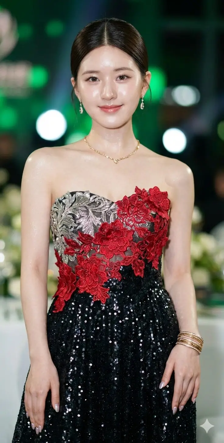 Preview of Macro portrait of Zhao Lusi in a high-glamour black and red sequined gown