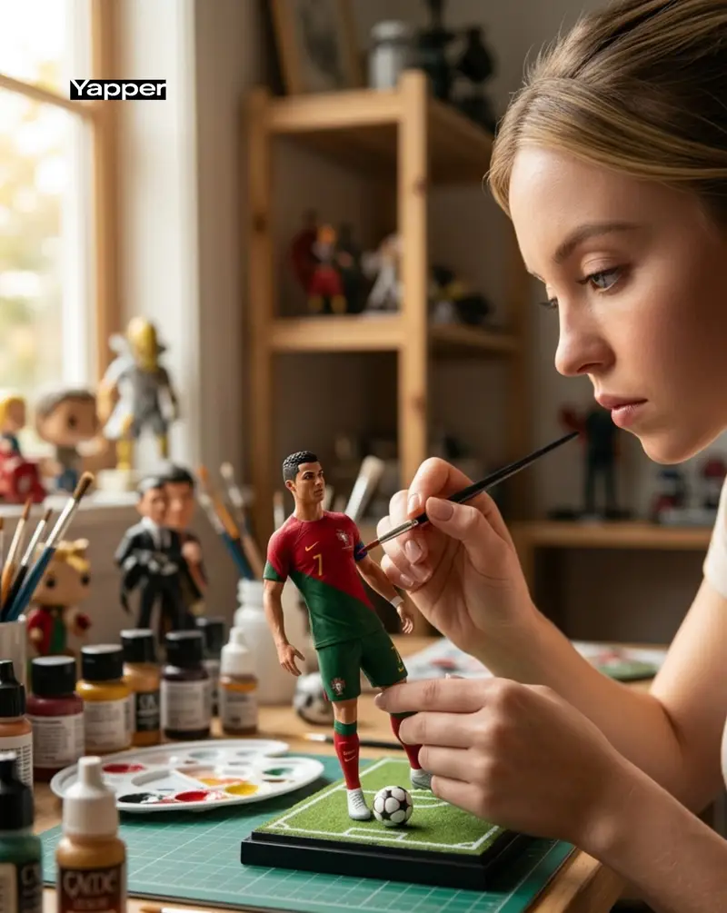 Preview of Hyper-Realistic Scene of Artist Painting Miniature Ronaldo Figurine