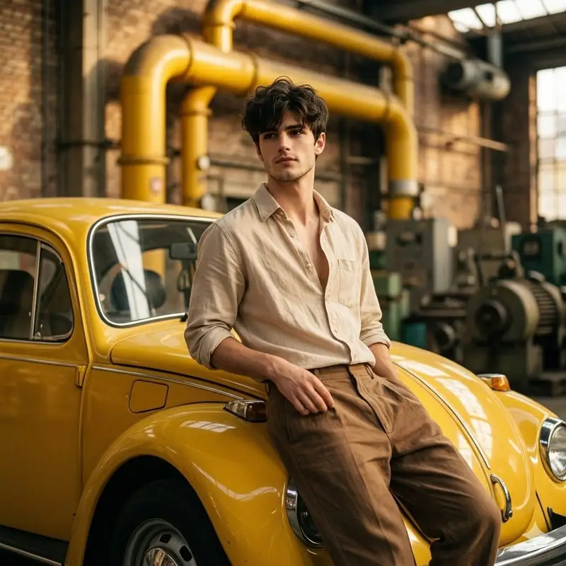 Preview of Vintage Car Portrait in Industrial Setting