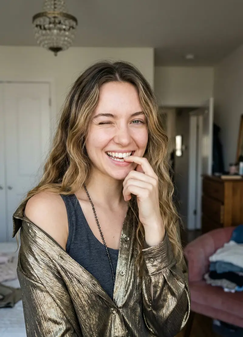 پیش‌نمایش Candid Portrait of Woman Winking and Biting Finger