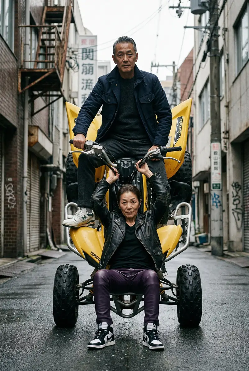 پیش‌نمایش Cinematic Urban Street Scene with Quad Bike and Older Couple