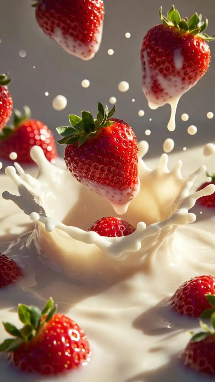 Preview of Macro Shot of Strawberries Falling into Milk