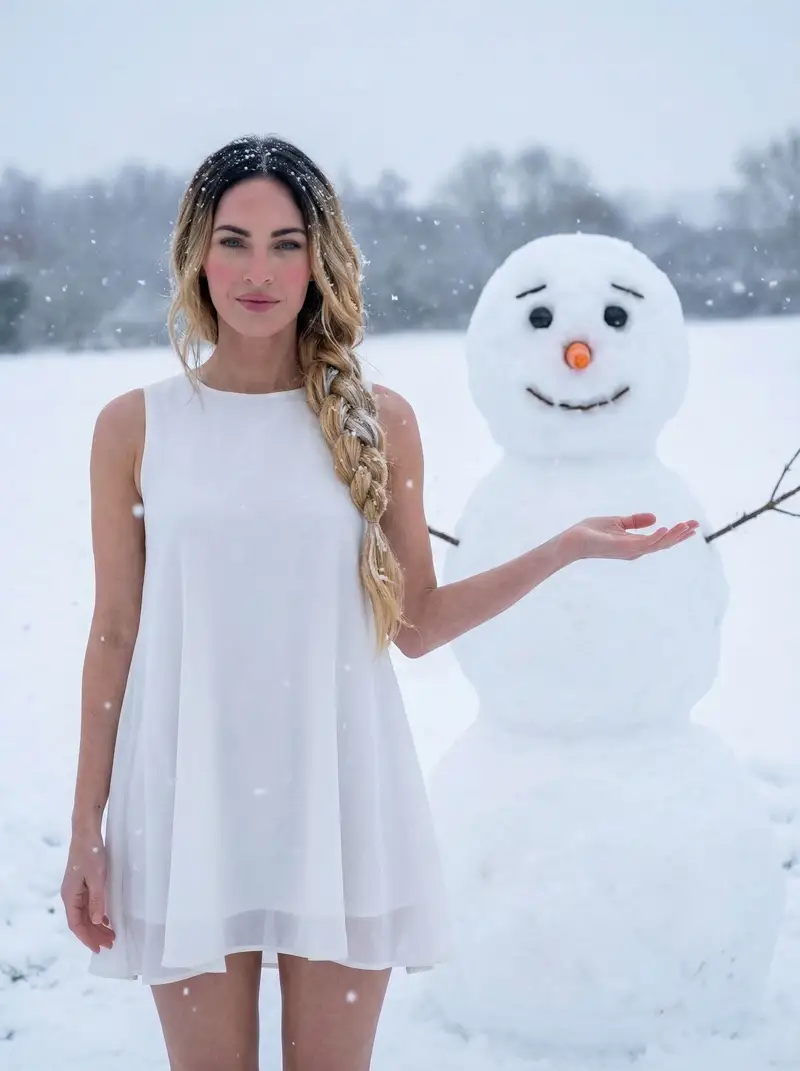 Preview of Cinematic Winter Portrait with Stylized Snowman