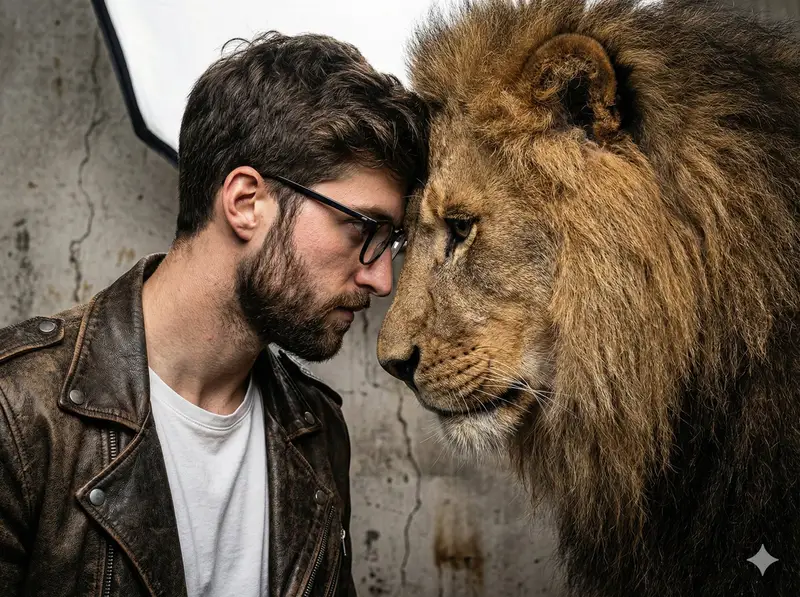 Preview of Hyper-Realistic Man and Lion Portrait (Face Preservation)