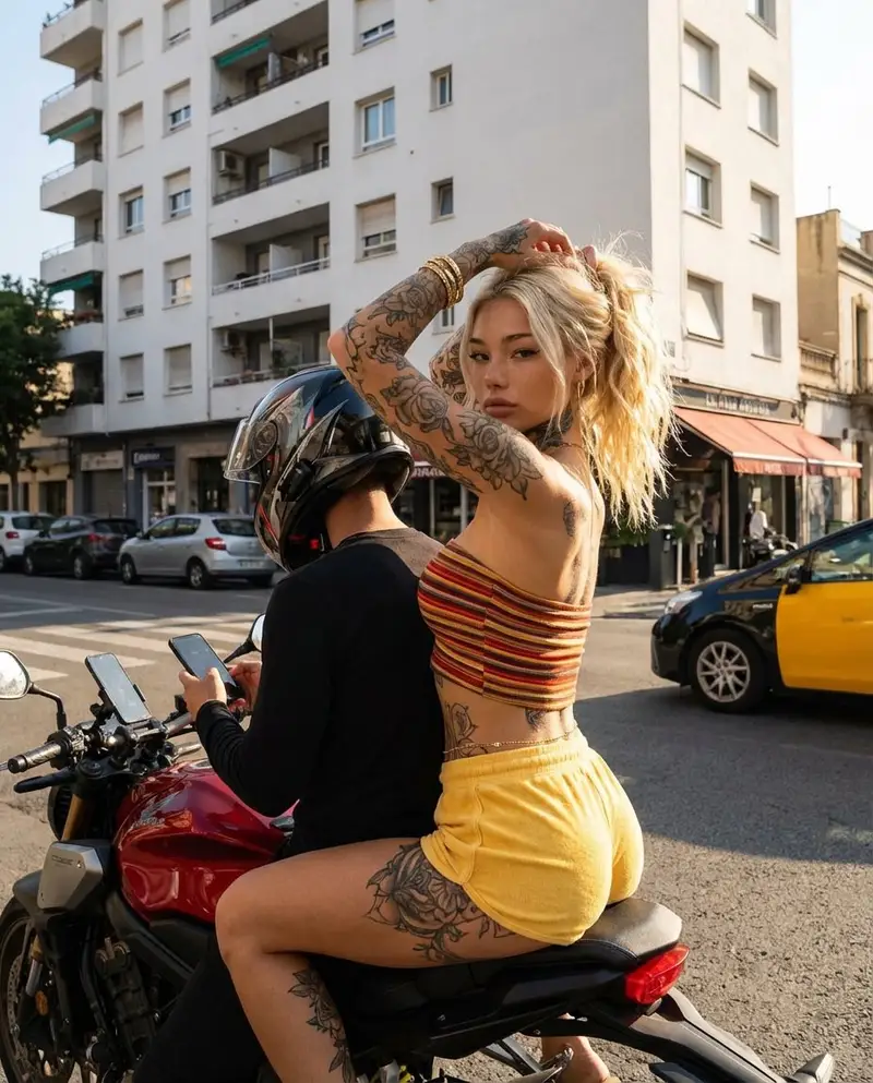 پیش‌نمایش Photorealistic Street Photography of Tattooed Woman on Motorcycle