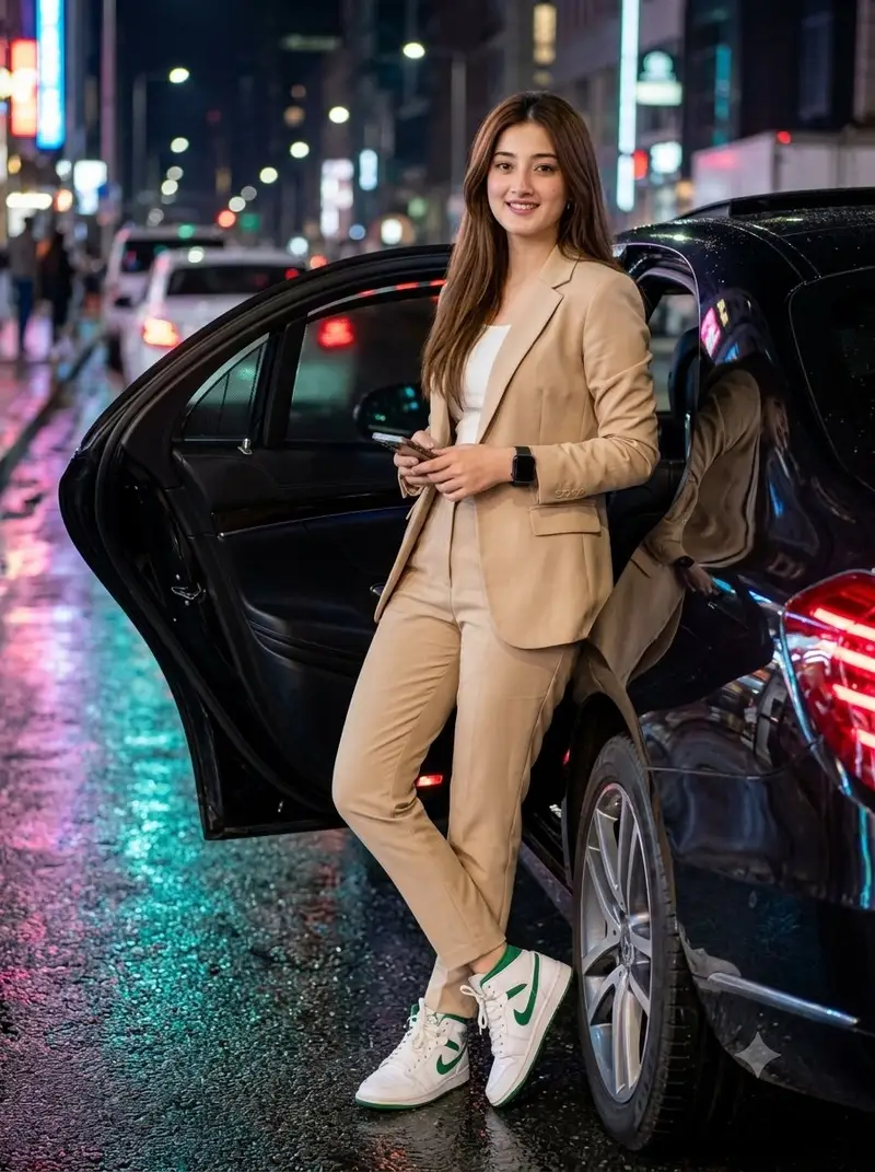 پیش‌نمایش زن شیک با سدان لوکس در شب