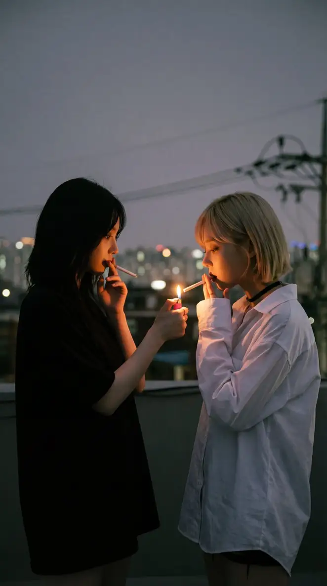 Preview of aespa Karina and Winter Cigarette Lighting Prompt for Nano Banana Pro