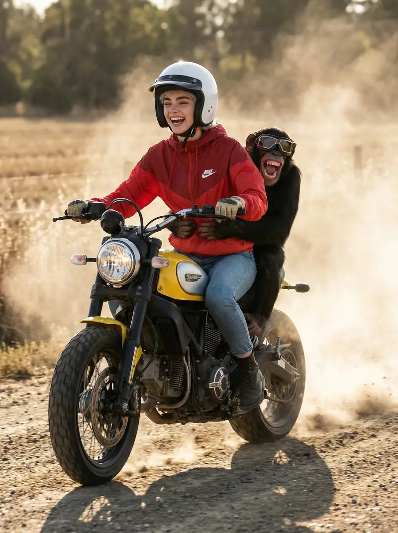Preview of Cinematic Action Photo and Video Prompt (Woman and Chimpanzee on Motorcycle)