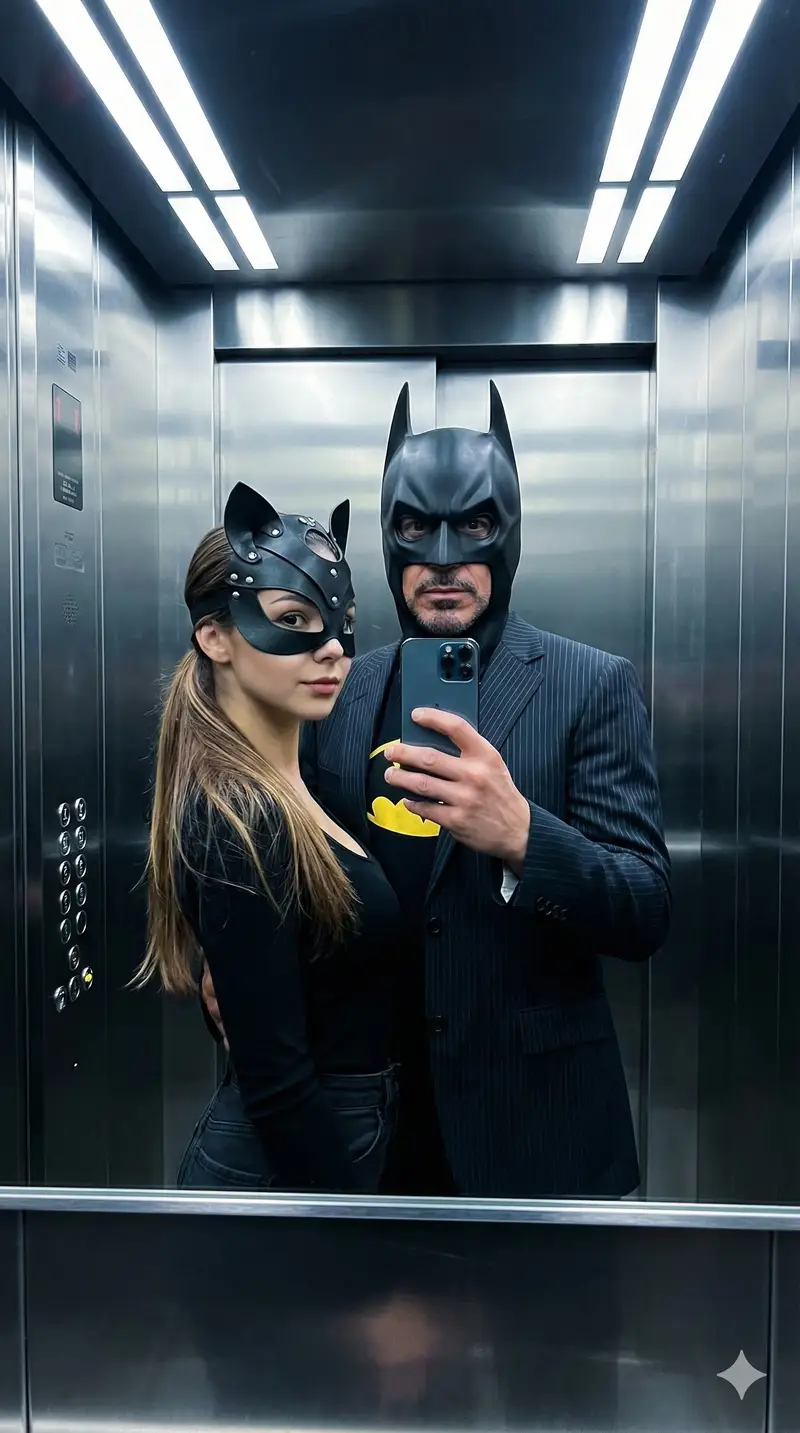 Preview of Cinematic Bat/Cat Couple Mirror Selfie with Identity Lock