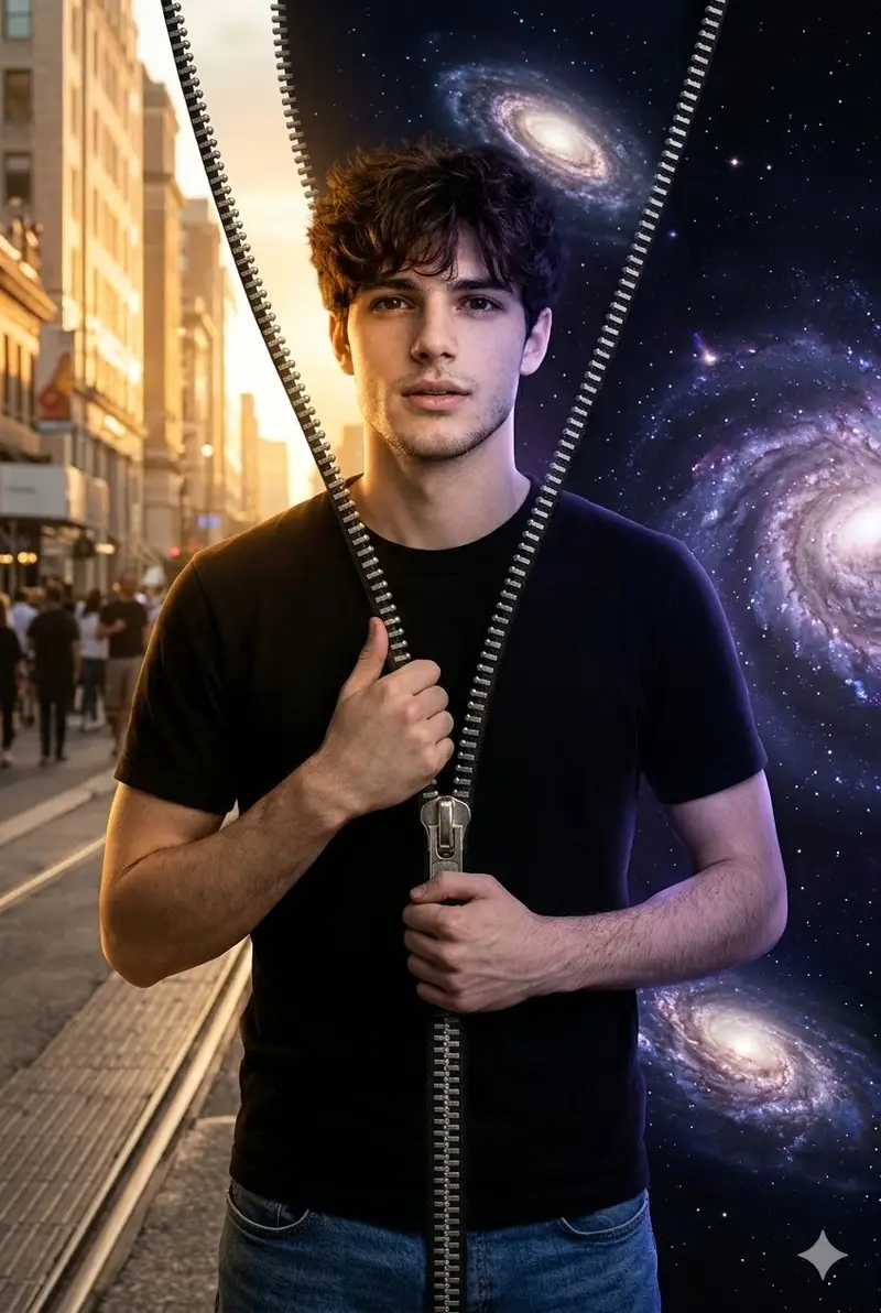 Preview of Conceptual Portrait of Man Zipping Reality Open to Cosmic Void