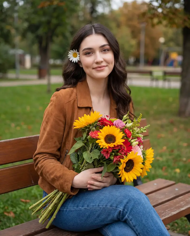 Preview of Candid Autumnal Park Portrait with Bouquet