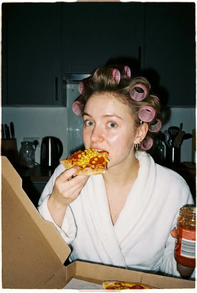 پیش‌نمایش Ultra Photorealistic Candid Flash Portrait of a Woman Eating Pizza