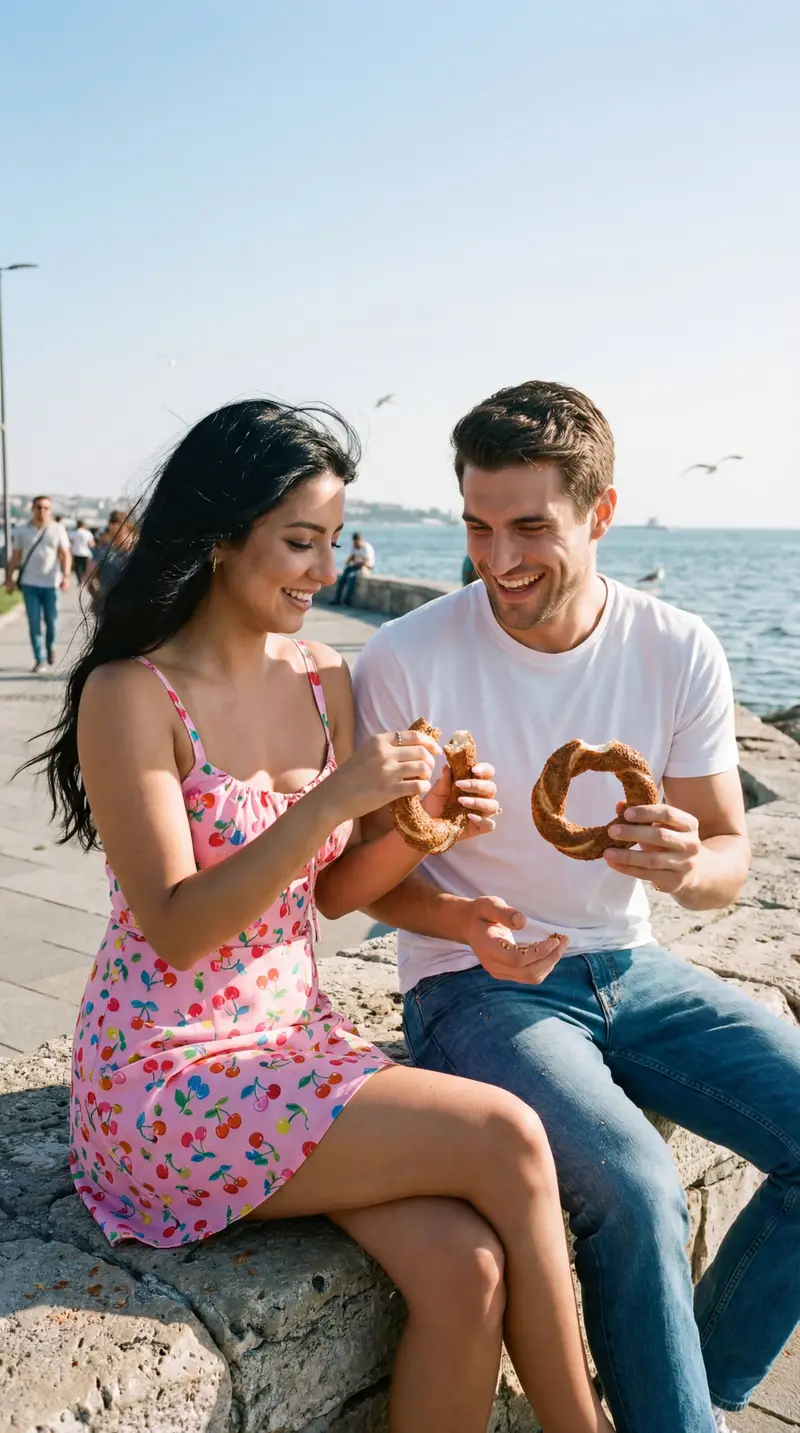 Preview of Photoreal Candid Street Romance Film Still Prompt (Moda Seaside)