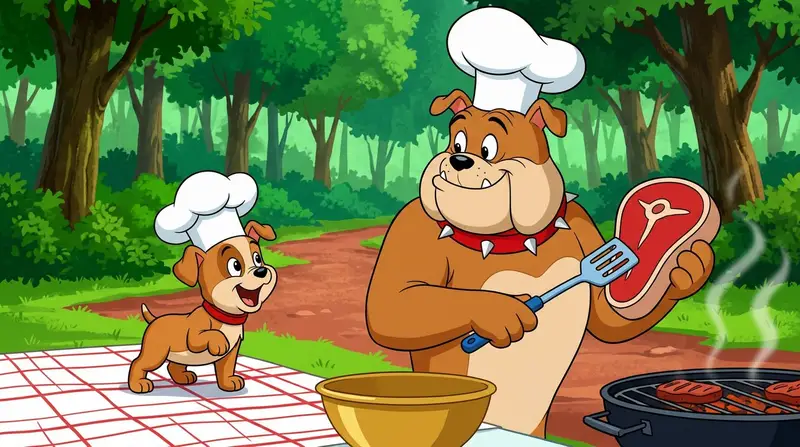 Preview of Anthropomorphic Bulldog Barbecue Scene (Classic Cartoon Style)