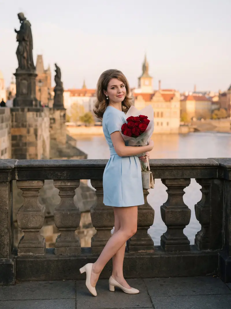 Preview of Editorial Photograph of Woman with Roses in Prague (JSON)