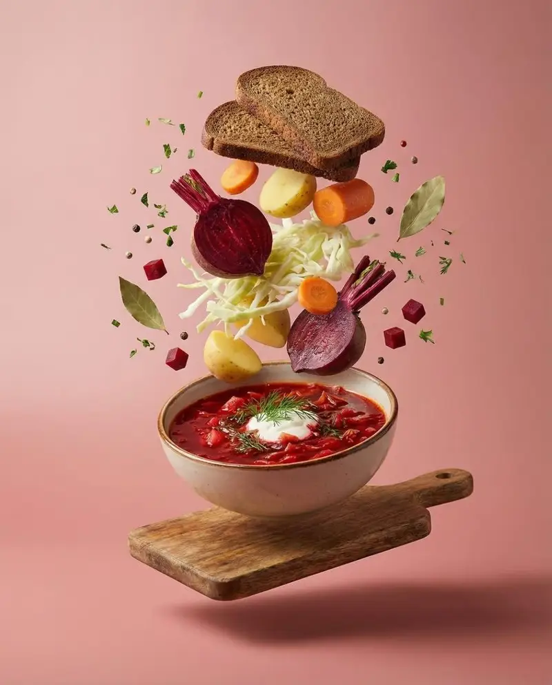 پیش‌نمایش Surreal Levitation Food Photography of Traditional Beet Soup (Borscht)