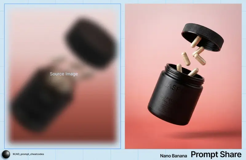 Preview of Commercial Product Shot of Levitating Supplement Jar and Capsules
