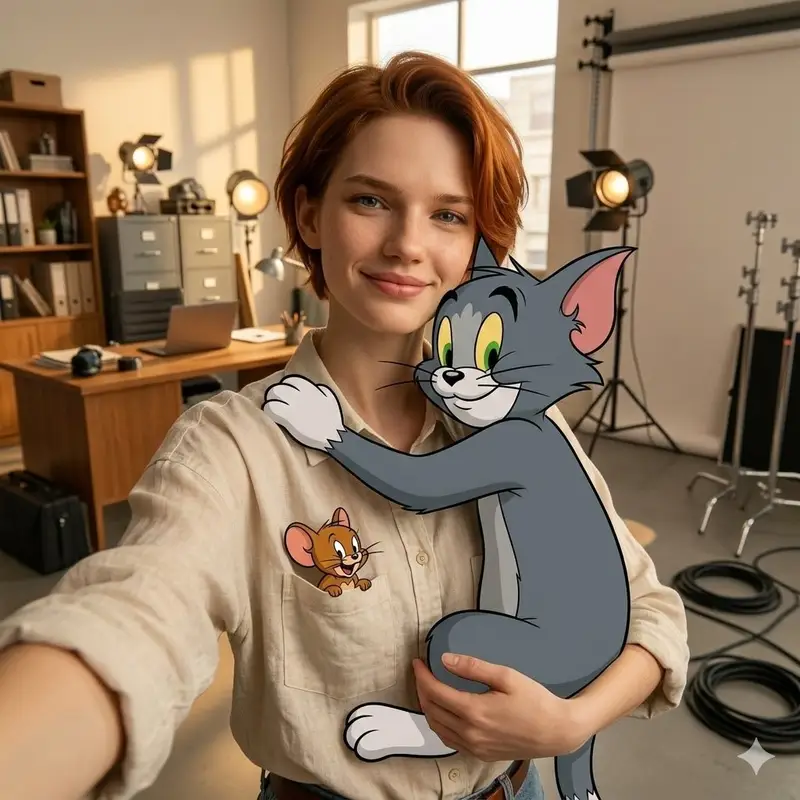 Preview of First-Person Selfie Hugging Stylized Tom and Jerry