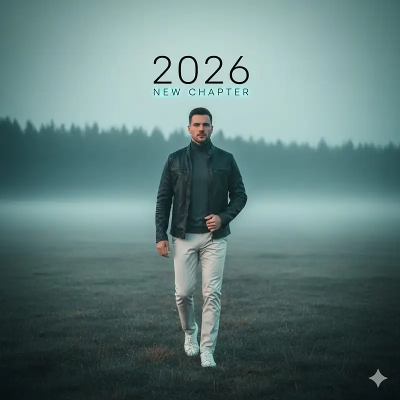 Preview of Cinematic Portrait: Man Walking in Foggy Meadow with Typography