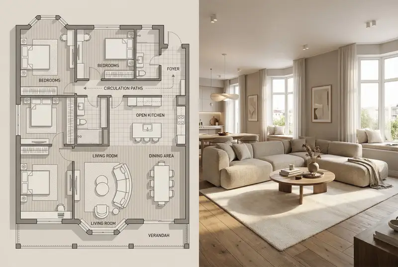 Preview of Architectural Floor Plan and Realistic Interior Photo Generation