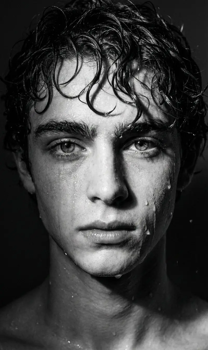 Preview of Dramatic Black and White Wet Portrait Prompt