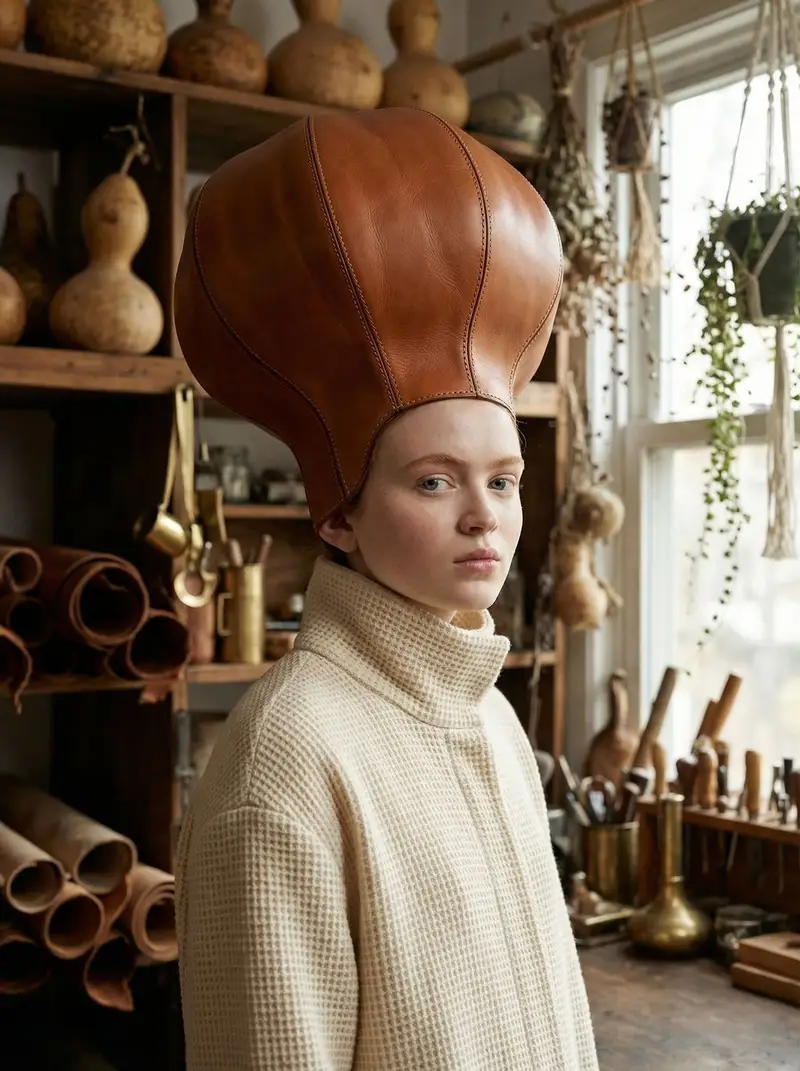 Preview of Avant-Garde Fashion Portrait with Leather Headpiece (JSON)