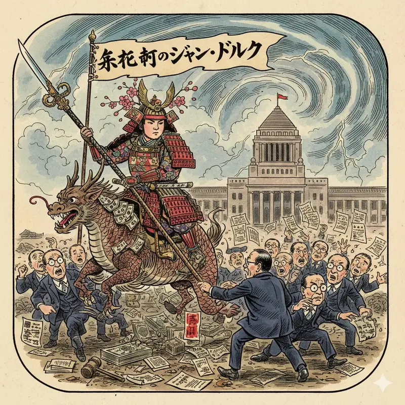 Preview of Image generation prompt for Nano Banana Pro: Caricature of Joan of Arc in Nagatacho