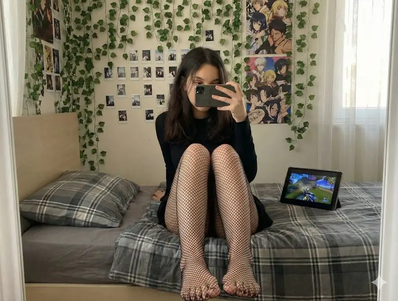 Preview of Candid Mirror Selfie with Fishnet Stockings Focus Prompt