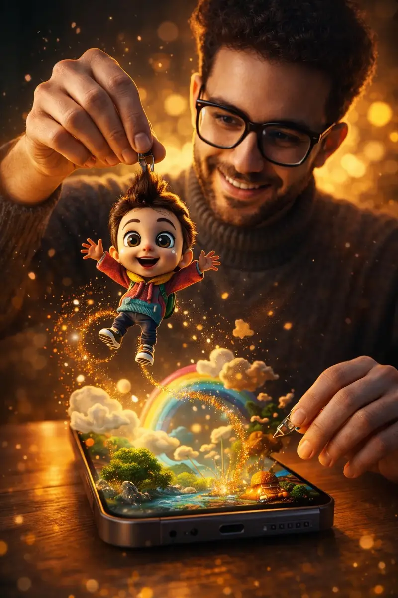 Preview of Surreal Cinematic Scene: Man Emerging from Phone with Tiny Cartoon Boy