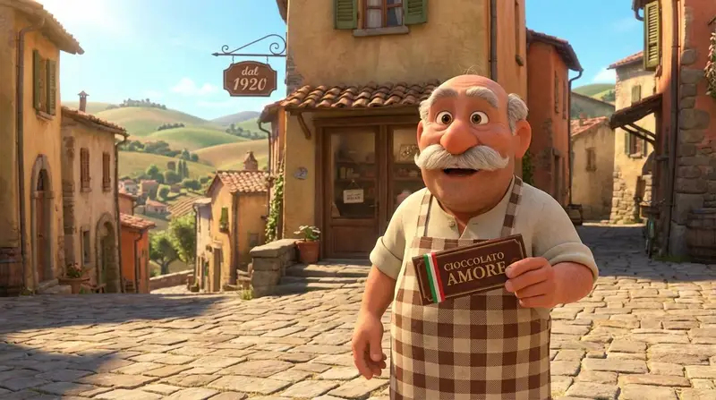 پیش‌نمایش Pixar Style Italian Man in Front of Chocolate Shop